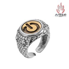 画像1: Antique Jewelry S925 シルバー ゴールド調ドクロヘッド鱗模様リング メンズ レトロ欧米風 個性的デザイン (1)