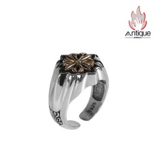 画像1: Antique Jewelry S925 シルバー GP（ゴールドプレーティング） メンズオープンリング 太陽光輝き × 十字薔薇モチーフ ヴィンテージゴシック (1)