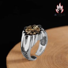 画像2: Antique Jewelry S925 シルバー GP（ゴールドプレーティング） メンズオープンリング 太陽光輝き × 十字薔薇モチーフ ヴィンテージゴシック (2)