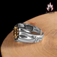 画像5: Antique Jewelry S925 シルバー GP（ゴールドプレーティング） メンズオープンリング 太陽光輝き × 十字薔薇モチーフ ヴィンテージゴシック (5)