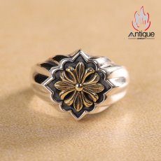 画像7: Antique Jewelry S925 シルバー GP（ゴールドプレーティング） メンズオープンリング 太陽光輝き × 十字薔薇モチーフ ヴィンテージゴシック (7)