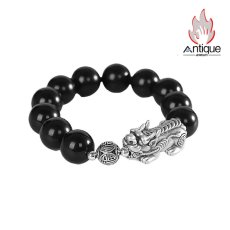 画像1: Antique Jewelry S999 シルバー製 貔貅デザイン オブシディアン付きメンズブレスレット ヴィンテージ風 (1)