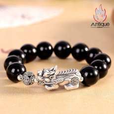 画像2: Antique Jewelry S999 シルバー製 貔貅デザイン オブシディアン付きメンズブレスレット ヴィンテージ風 (2)