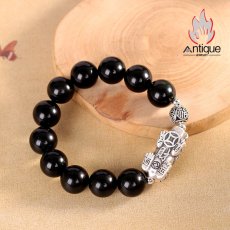 画像3: Antique Jewelry S999 シルバー製 貔貅デザイン オブシディアン付きメンズブレスレット ヴィンテージ風 (3)