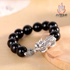 画像4: Antique Jewelry S999 シルバー製 貔貅デザイン オブシディアン付きメンズブレスレット ヴィンテージ風 (4)