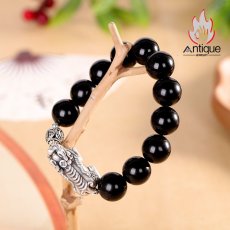 画像5: Antique Jewelry S999 シルバー製 貔貅デザイン オブシディアン付きメンズブレスレット ヴィンテージ風 (5)