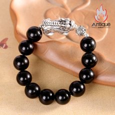 画像6: Antique Jewelry S999 シルバー製 貔貅デザイン オブシディアン付きメンズブレスレット ヴィンテージ風 (6)
