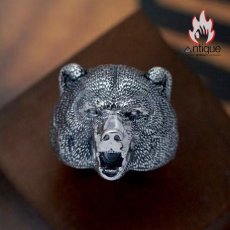 画像2: Antique Jewelry S925 シルバー 精巧立体ベアヘッドリング メンズオープンリング 個性的デザイン (2)