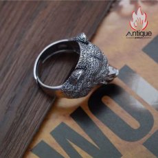 画像4: Antique Jewelry S925 シルバー 精巧立体ベアヘッドリング メンズオープンリング 個性的デザイン (4)