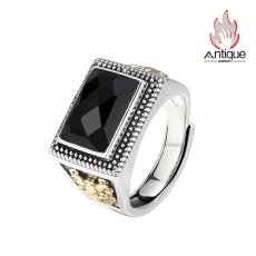 画像1: Antique Jewelry S925 シルバー 四角カット黒瑪瑙リング メンズ ヴィンテージ風オープンデザイン (1)