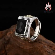 画像3: Antique Jewelry S925 シルバー 四角カット黒瑪瑙リング メンズ ヴィンテージ風オープンデザイン (3)