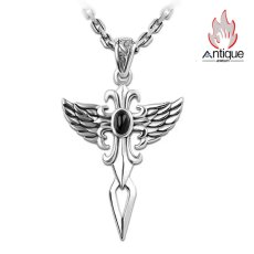 画像1: Antique Jewelry S925 シルバー製 守りの翼デザイン 天使の羽クロス オニクス装飾 男女兼用ペンダント (1)