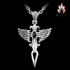 画像2: Antique Jewelry S925 シルバー製 守りの翼デザイン 天使の羽クロス オニクス装飾 男女兼用ペンダント (2)