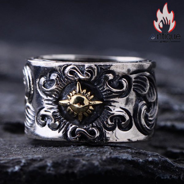 Antique Jewelry レトロメンズリング 唐草模様 サンレイ クロス 幅広