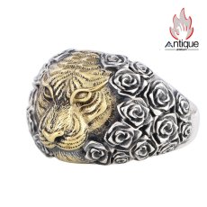 画像1: Antique Jewelry S925 シルバー製 精密加工 虎頭デザイン ゴールドカラートラリング メンズオープンリング (1)