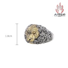 画像10: Antique Jewelry S925 シルバー製 精密加工 虎頭デザイン ゴールドカラートラリング メンズオープンリング (10)