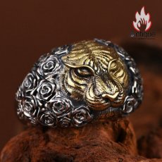 画像2: Antique Jewelry S925 シルバー製 精密加工 虎頭デザイン ゴールドカラートラリング メンズオープンリング (2)