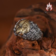 画像4: Antique Jewelry S925 シルバー製 精密加工 虎頭デザイン ゴールドカラートラリング メンズオープンリング (4)