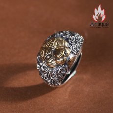 画像5: Antique Jewelry S925 シルバー製 精密加工 虎頭デザイン ゴールドカラートラリング メンズオープンリング (5)