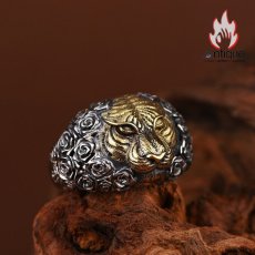 画像6: Antique Jewelry S925 シルバー製 精密加工 虎頭デザイン ゴールドカラートラリング メンズオープンリング (6)