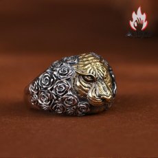 画像7: Antique Jewelry S925 シルバー製 精密加工 虎頭デザイン ゴールドカラートラリング メンズオープンリング (7)