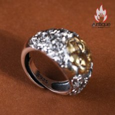 画像9: Antique Jewelry S925 シルバー製 精密加工 虎頭デザイン ゴールドカラートラリング メンズオープンリング (9)