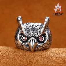 画像2: Antique Jewelry S925 シルバー 精巧で肉厚なフクロウリング メンズ パンク風オープンリング (2)