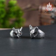 画像6: Antique Jewelry S925 シルバー 精巧で肉厚なフクロウリング メンズ パンク風オープンリング (6)