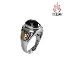 画像1: Antique Jewelry S925 シルバー製 ゴールドカラー貔貅モチーフ オニクス付きリング ヴィンテージゴシック (1)