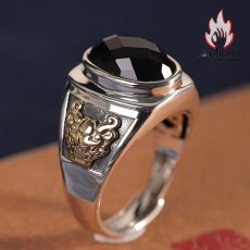 画像2: Antique Jewelry S925 シルバー製 ゴールドカラー貔貅モチーフ オニクス付きリング ヴィンテージゴシック (2)