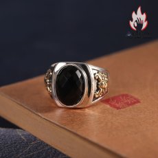 画像3: Antique Jewelry S925 シルバー製 ゴールドカラー貔貅モチーフ オニクス付きリング ヴィンテージゴシック (3)