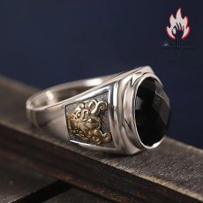 画像7: Antique Jewelry S925 シルバー製 ゴールドカラー貔貅モチーフ オニクス付きリング ヴィンテージゴシック (7)
