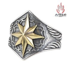 画像1: Antique Jewelry S925 シルバー 太陽光線立体八芒星リング メンズ 個性的オープンリング (1)