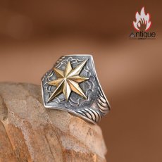 画像3: Antique Jewelry S925 シルバー 太陽光線立体八芒星リング メンズ 個性的オープンリング (3)