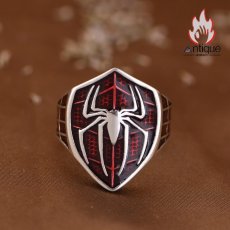 画像2: Antique Jewelry S925 シルバー 精巧なメンズスパイダーシールドリング ヒップホップパンク風オープンリング (2)