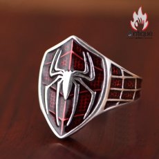 画像3: Antique Jewelry S925 シルバー 精巧なメンズスパイダーシールドリング ヒップホップパンク風オープンリング (3)