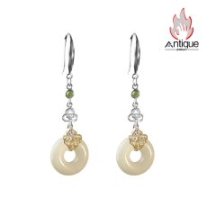 画像1: Antique Jewelry S925 シルバー 祥雲如意デザイン 和田玉円形 青玉ピアス 高級感ファッションアクセサリー (1)