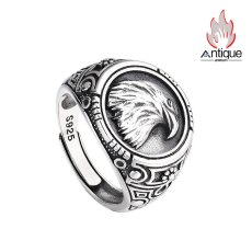 画像1: Antique Jewelry S925 シルバー 精密仕上げ 円形イーグルリング メンズ オープンアジャスタブル ヴィンテージデザイン 高級感 (1)