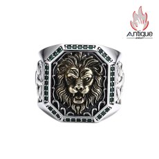 画像1: Antique Jewelry S925 シルバー ゴールドライオンクラウンリング ライオンハートデザイン 重厚感ライオンヘッド ヴィンテージシルバーリング メンズ (1)
