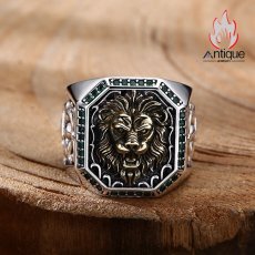 画像2: Antique Jewelry S925 シルバー ゴールドライオンクラウンリング ライオンハートデザイン 重厚感ライオンヘッド ヴィンテージシルバーリング メンズ (2)