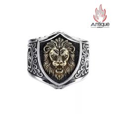 画像1: Antique Jewelry S925 シルバー ゴールドライオンシールドリング ライオンハートデザイン 重厚感 ヴィンテージファッション メンズシルバーリング (1)