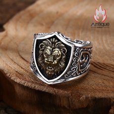 画像2: Antique Jewelry S925 シルバー ゴールドライオンシールドリング ライオンハートデザイン 重厚感 ヴィンテージファッション メンズシルバーリング (2)
