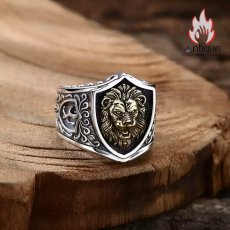 画像3: Antique Jewelry S925 シルバー ゴールドライオンシールドリング ライオンハートデザイン 重厚感 ヴィンテージファッション メンズシルバーリング (3)