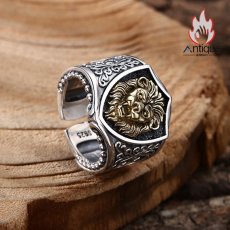 画像7: Antique Jewelry S925 シルバー ゴールドライオンシールドリング ライオンハートデザイン 重厚感 ヴィンテージファッション メンズシルバーリング (7)