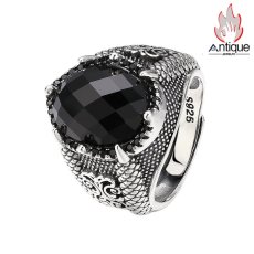 画像1: Antique Jewelry S925 純シルバー 龍鱗＆龍爪彫刻 メンズ指輪 分厚い重厚感 多面カットブラックジルコニア レトロ ゴシックスタイル アクセサリー (1)