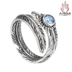 画像1: Antique Jewelry レアデザイン エンジェルウィング 羽根モチーフ オープンリング S925 シルバー ブルージルコニア付き 男女兼用アクセサリー (1)
