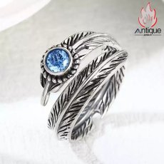 画像2: Antique Jewelry レアデザイン エンジェルウィング 羽根モチーフ オープンリング S925 シルバー ブルージルコニア付き 男女兼用アクセサリー (2)