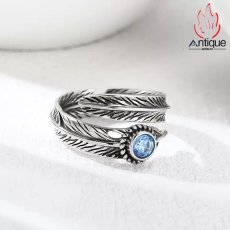 画像3: Antique Jewelry レアデザイン エンジェルウィング 羽根モチーフ オープンリング S925 シルバー ブルージルコニア付き 男女兼用アクセサリー (3)