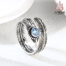 画像6: Antique Jewelry レアデザイン エンジェルウィング 羽根モチーフ オープンリング S925 シルバー ブルージルコニア付き 男女兼用アクセサリー (6)