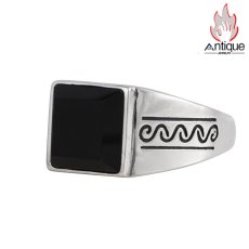 画像1: Antique Jewelry モダンシンプル メンズリング S925 シルバー 角型透かし彫り 光沢仕上げ ブラックオニキス アクセサリー (1)